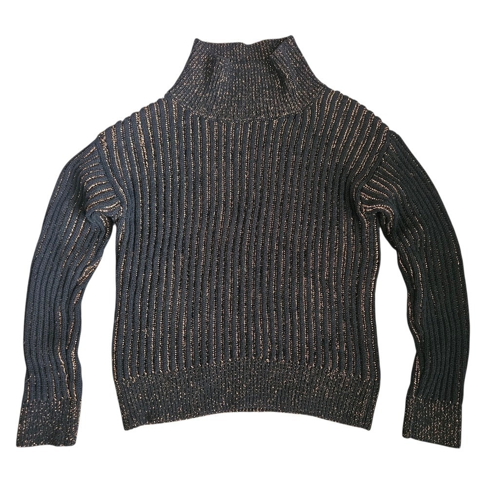 Marie Oliver Black Metallic Gold Ribbed Mock Neck Wool Blend Sweater XS